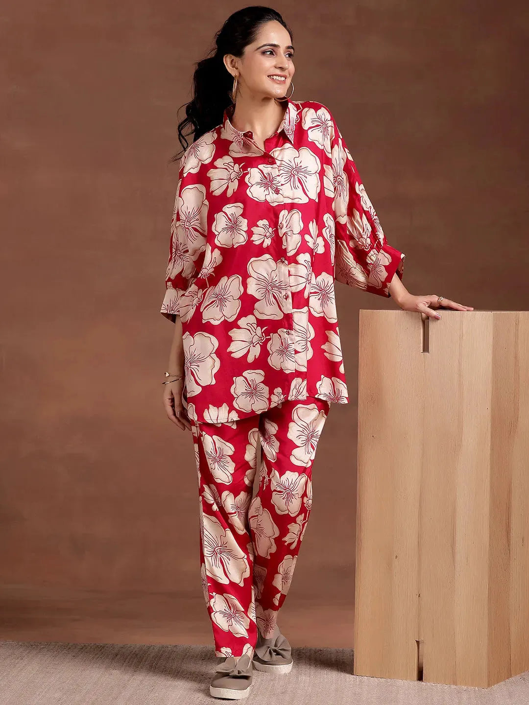  Red Printed Silk Blend Co-Ords 