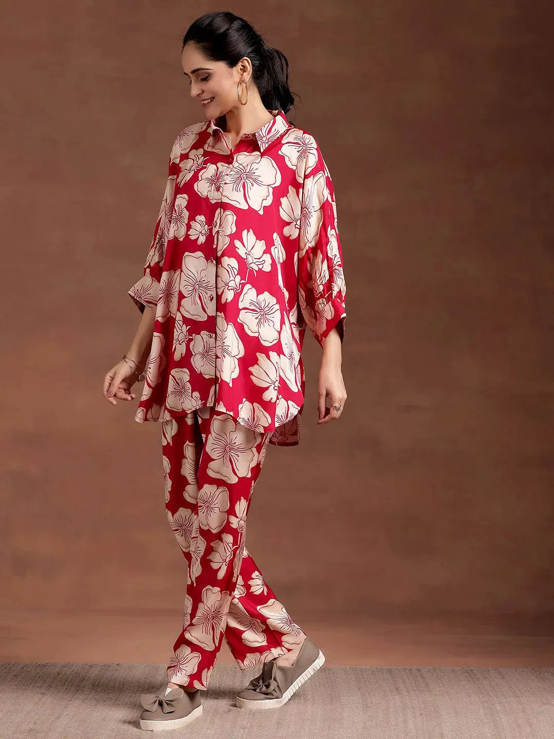  Red Printed Silk Blend Co-Ords 