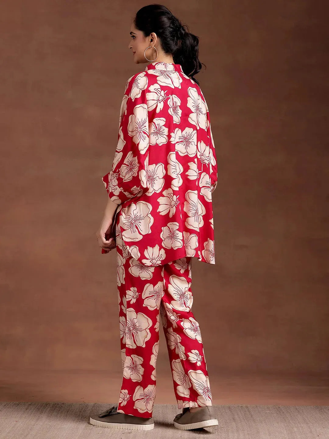  Red Printed Silk Blend Co-Ords 