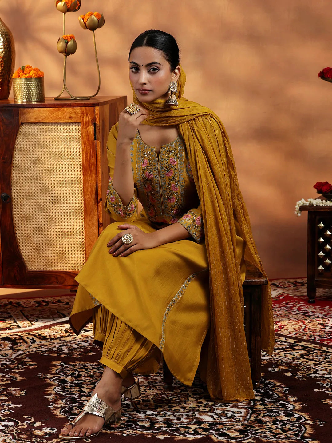  Mustard Embroidered Silk Blend A-Line Kurta With Salwar & Dupatta 