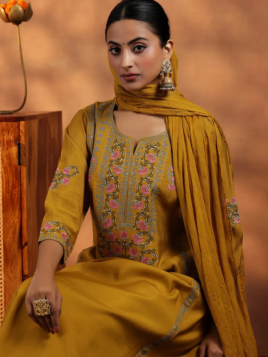  Mustard Embroidered Silk Blend A-Line Kurta With Salwar & Dupatta 