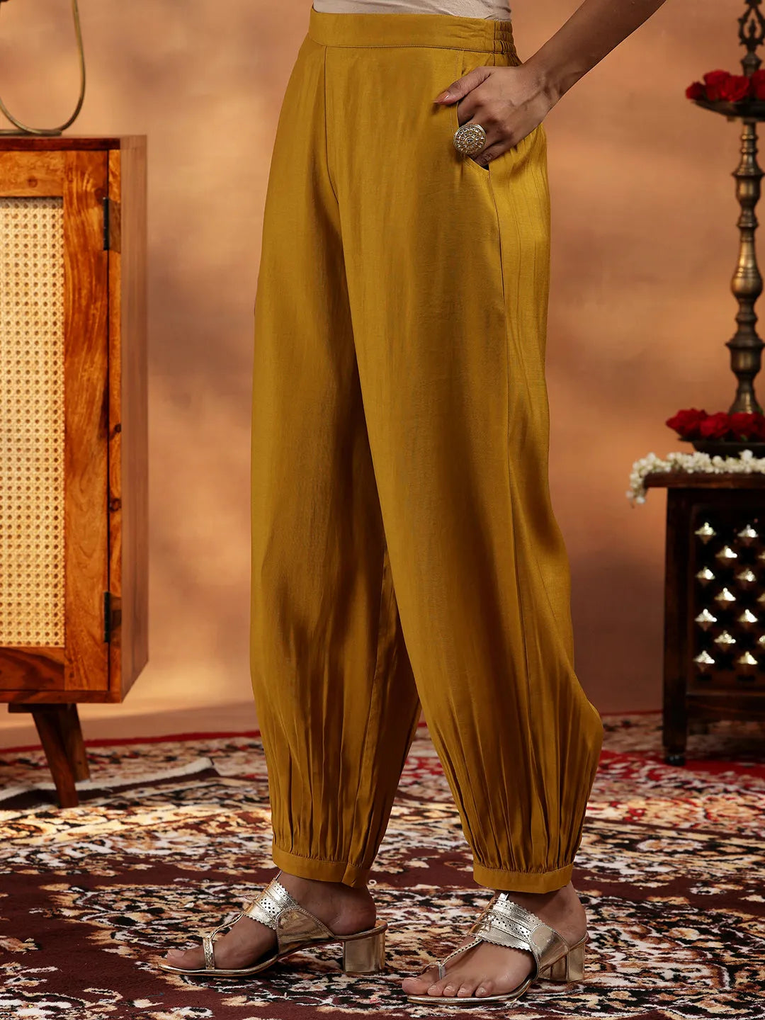  Mustard Embroidered Silk Blend A-Line Kurta With Salwar & Dupatta 