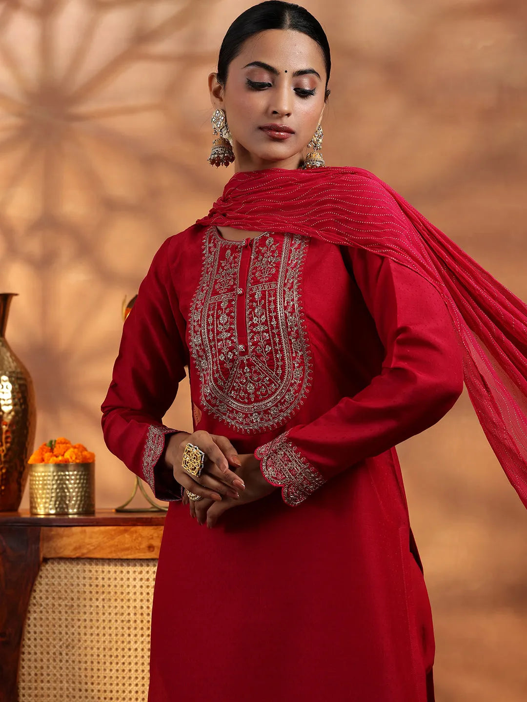  Pink Embroidered Silk Blend Straight Suit With Dupatta 