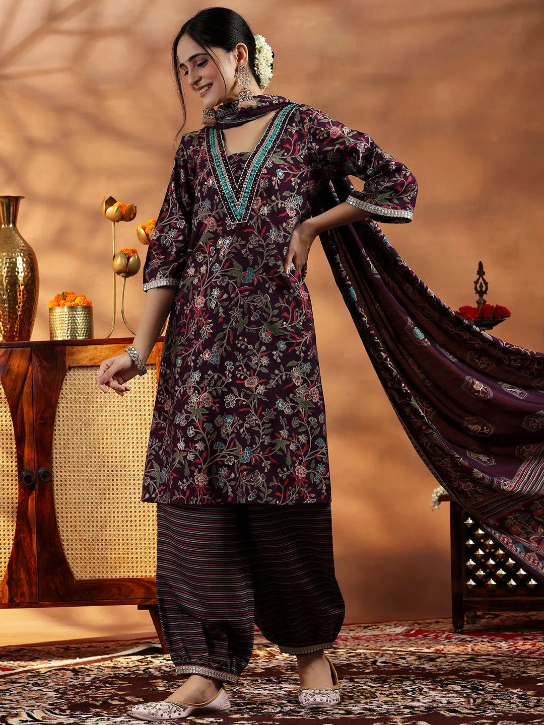  Wine Printed Silk Blend A-Line Kurta With Salwar & Dupatta 