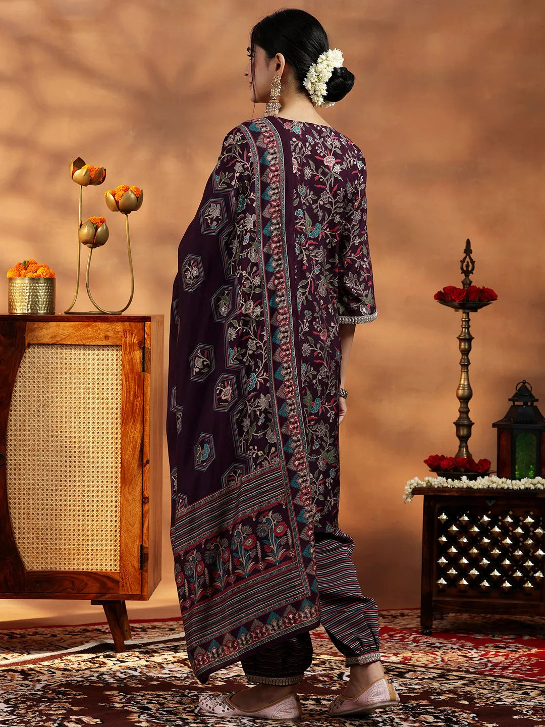  Wine Printed Silk Blend A-Line Kurta With Salwar & Dupatta 