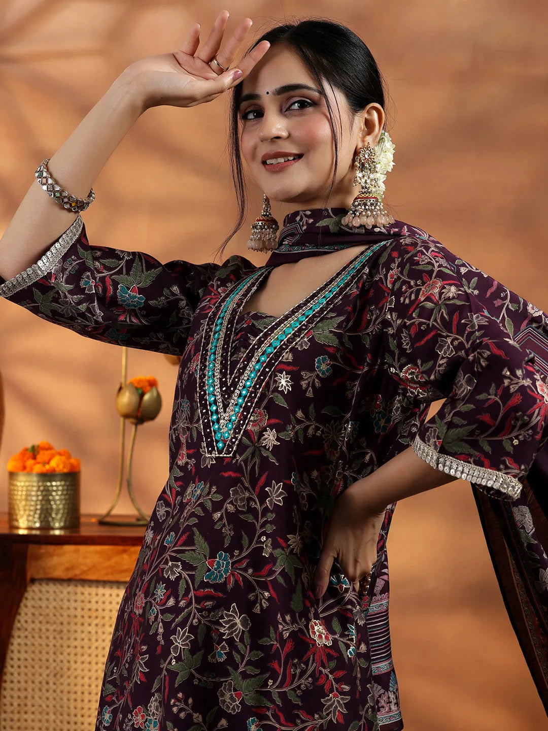  Wine Printed Silk Blend A-Line Kurta With Salwar & Dupatta 