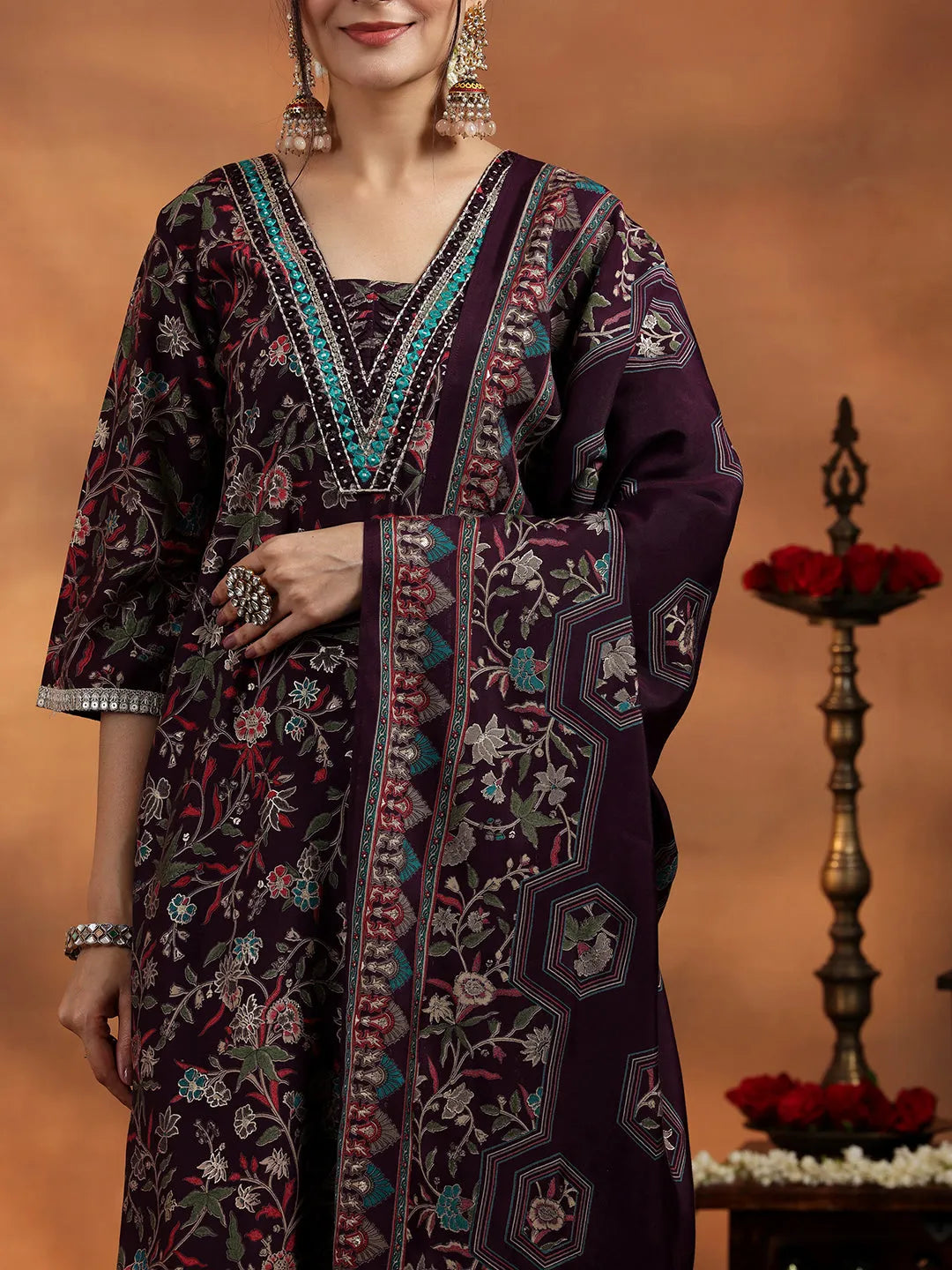  Wine Printed Silk Blend A-Line Kurta With Salwar & Dupatta 
