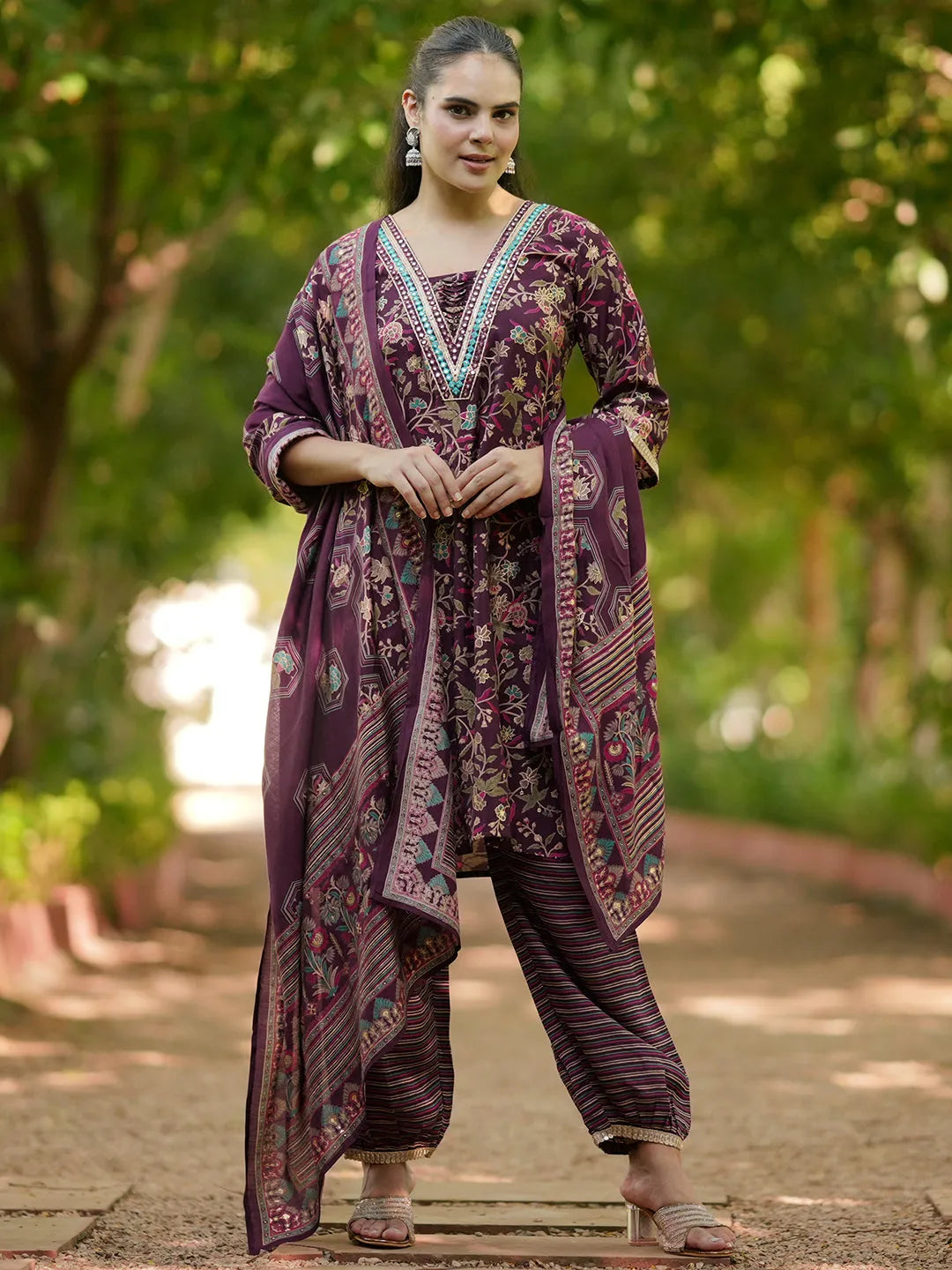 Wine Printed Silk Blend A-Line Kurta With Salwar & Dupatta-image-22