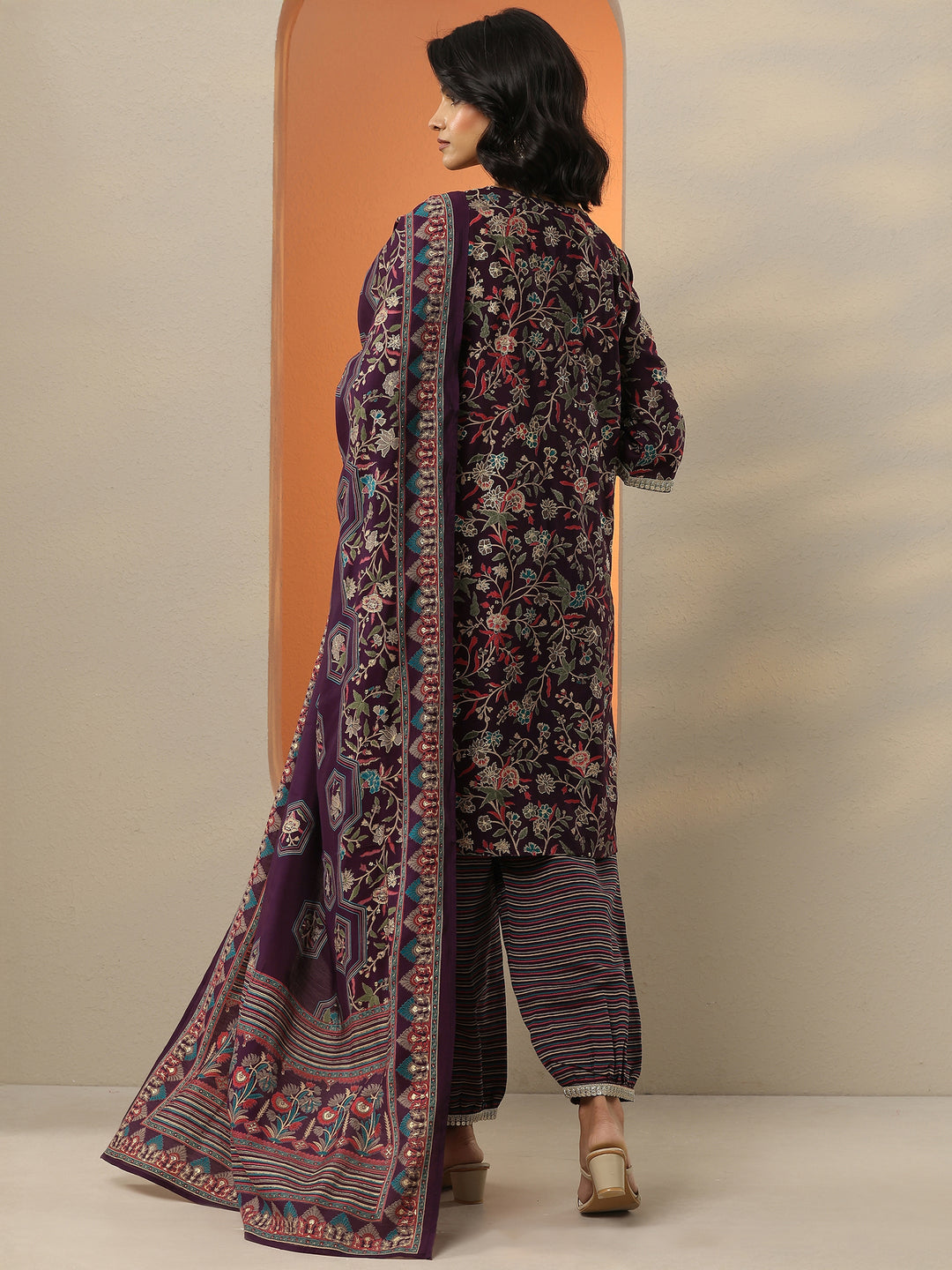  Wine Printed Silk Blend A-Line Kurta With Salwar & Dupatta 