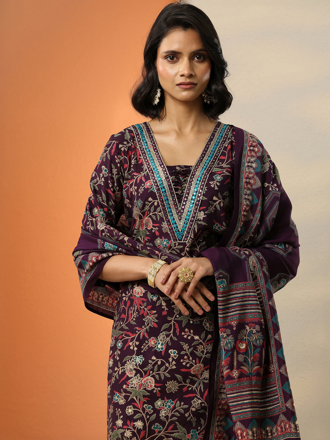  Wine Printed Silk Blend A-Line Kurta With Salwar & Dupatta 