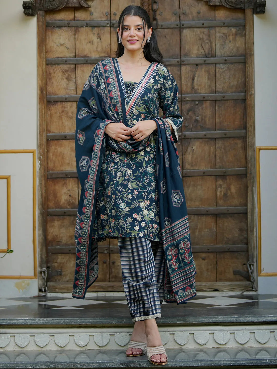 libas Blue Printed Silk Blend A-Line Kurta With Salwar & Dupatta-picture-21