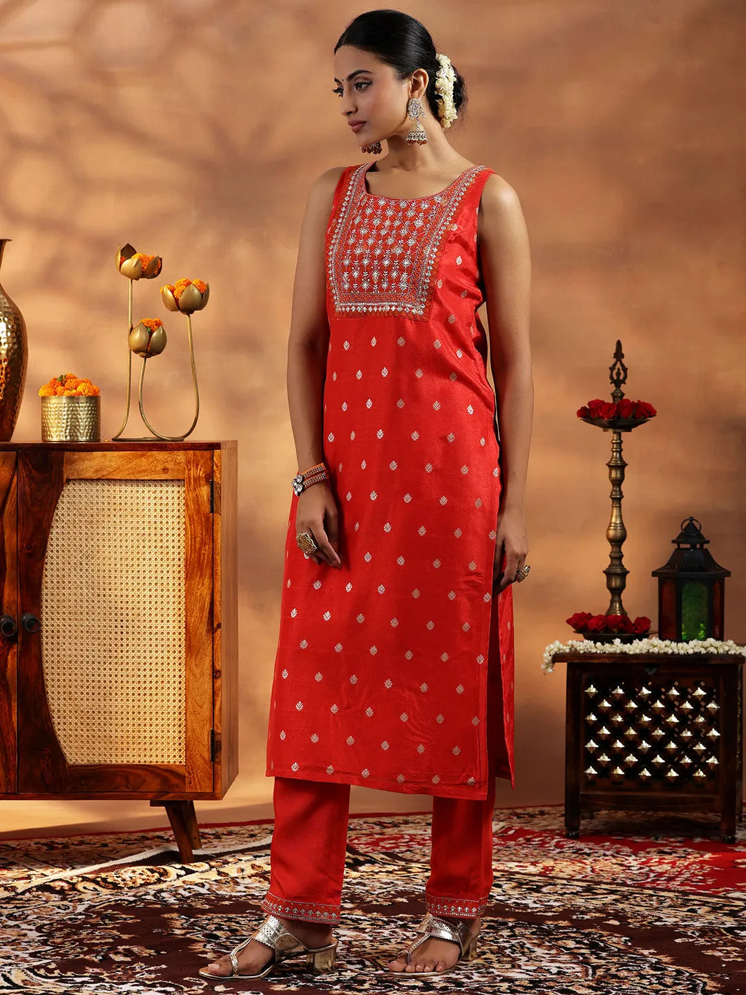  Orange Woven Design Silk Blend Straight Suit With Dupatta 