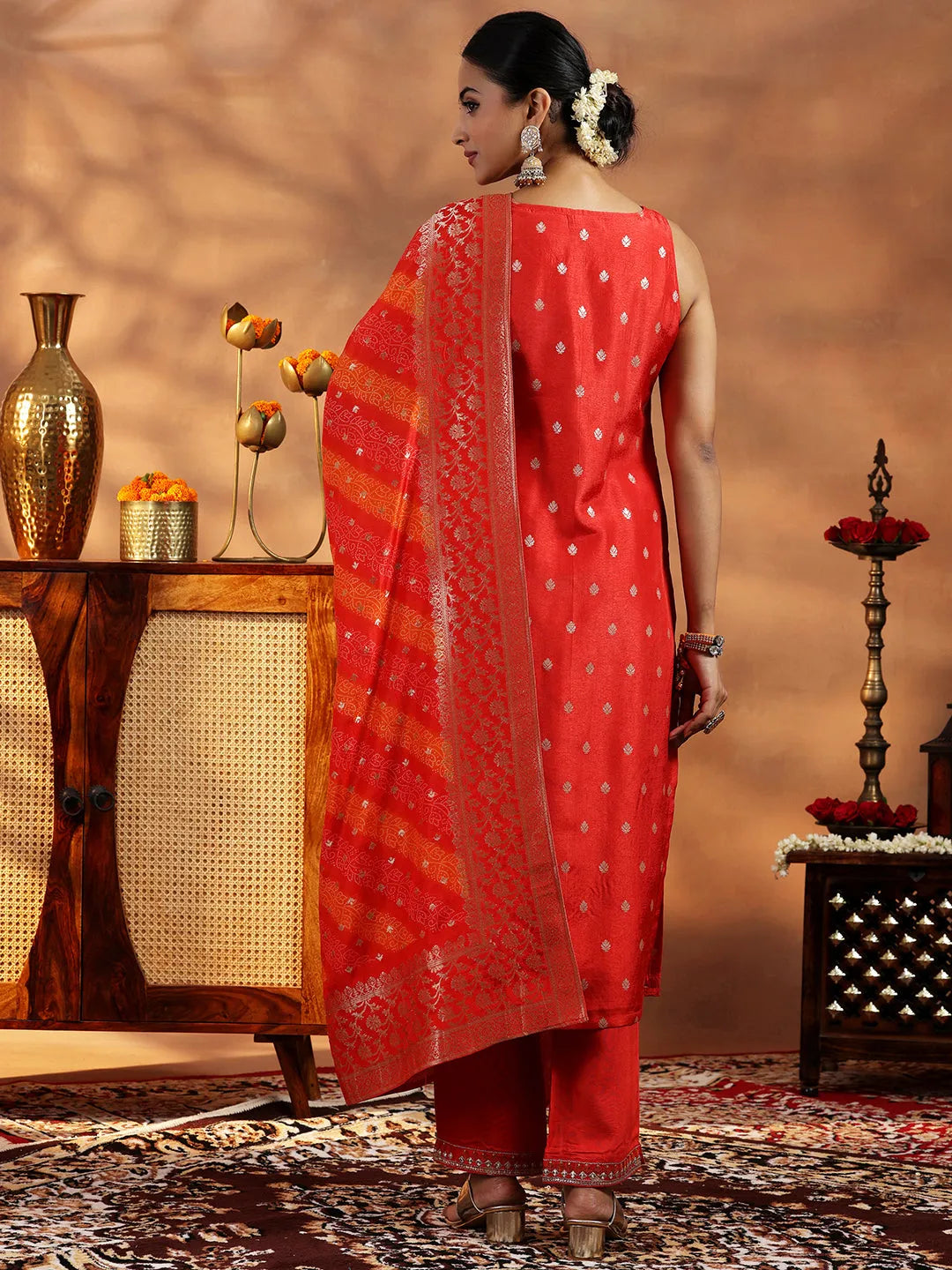  Orange Woven Design Silk Blend Straight Suit With Dupatta 