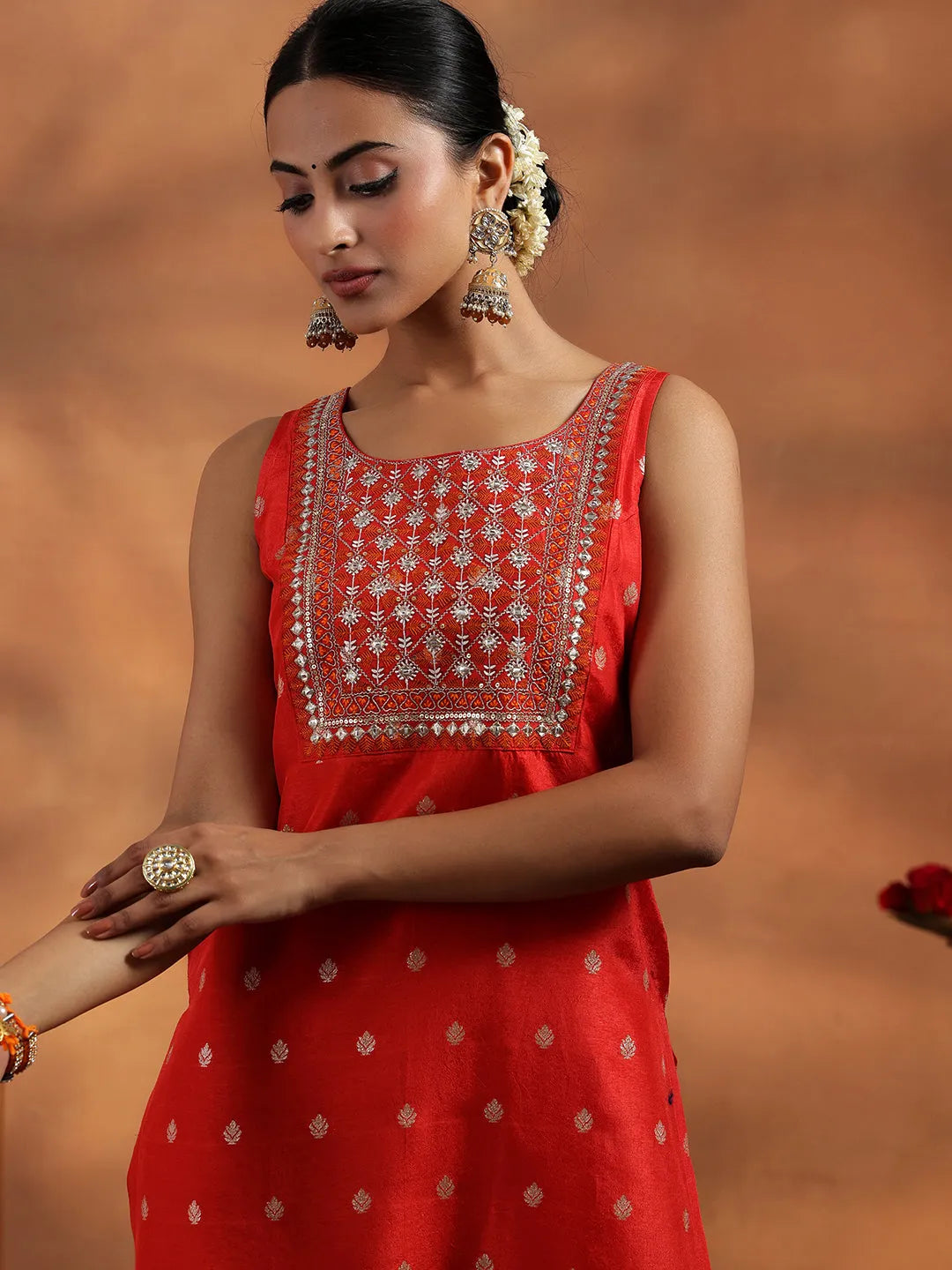  Orange Woven Design Silk Blend Straight Suit With Dupatta 