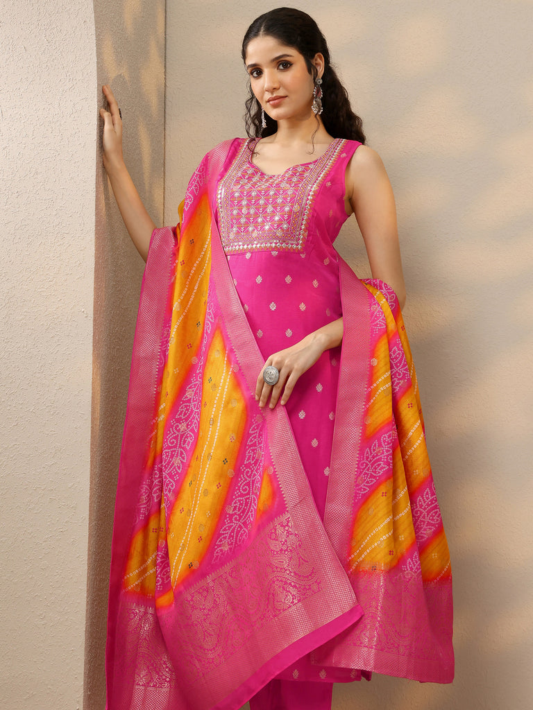 Libas Pink Woven Design Silk Blend Straight Suit With Dupatta