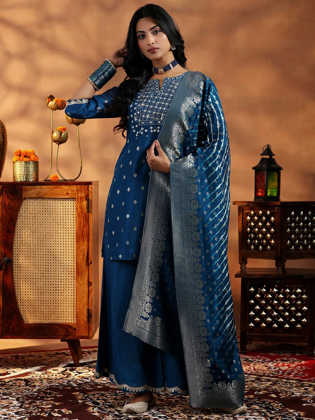 libas Blue Woven Design Silk Blend Straight Suit With Dupatta-picture-15