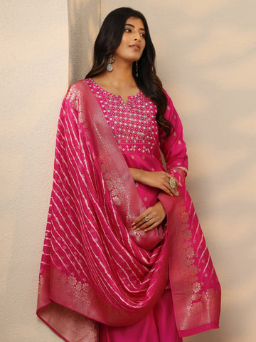 Pink Woven Design Silk Blend Straight Suit With Dupatta