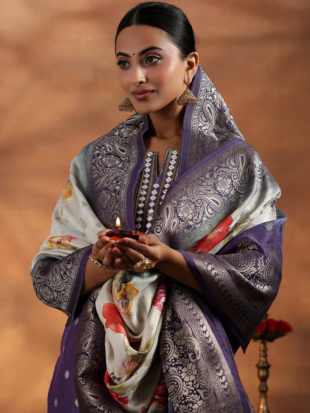  Purple Woven Design Silk Blend Straight Suit With Dupatta 