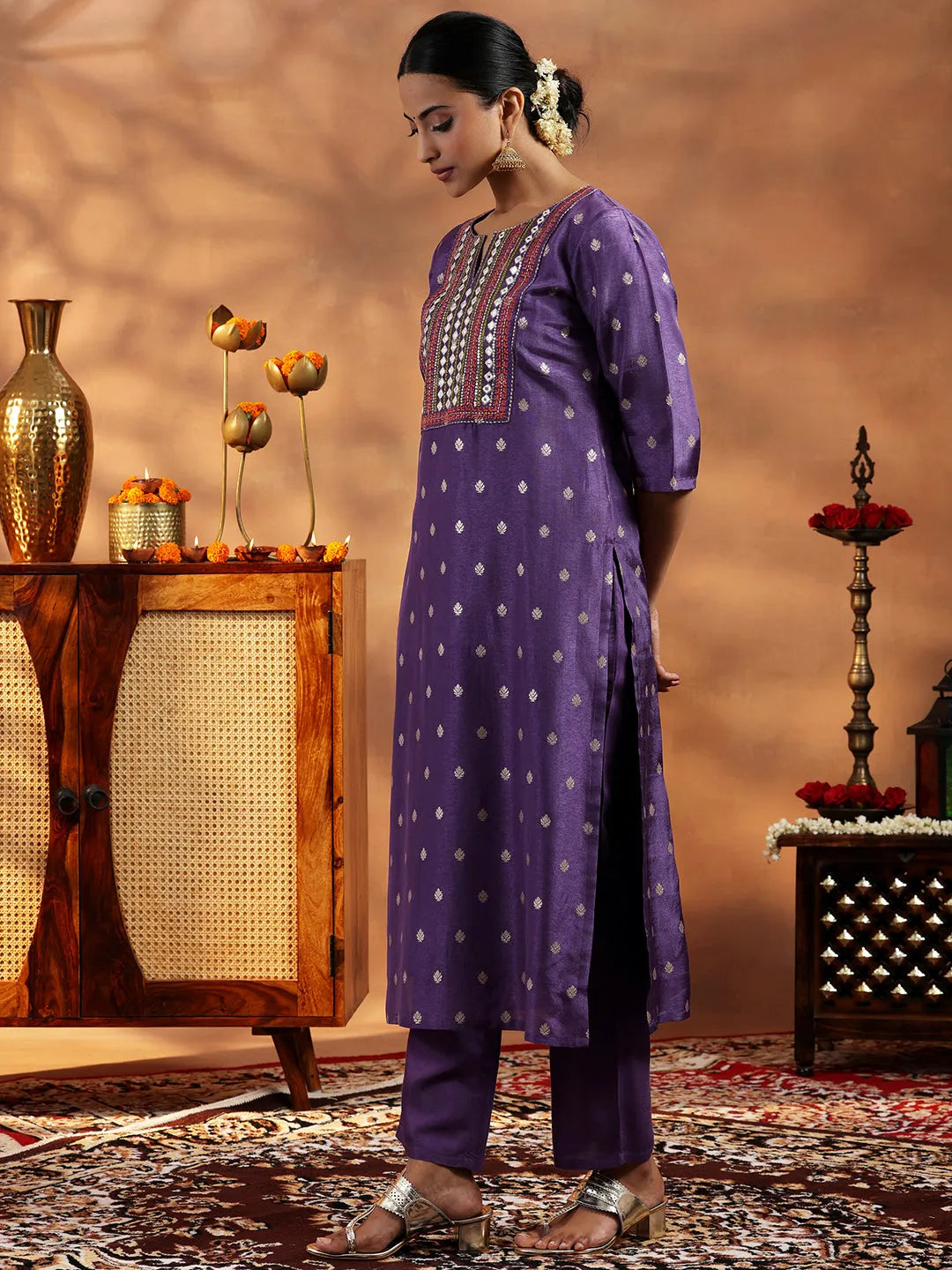  Purple Woven Design Silk Blend Straight Suit With Dupatta 