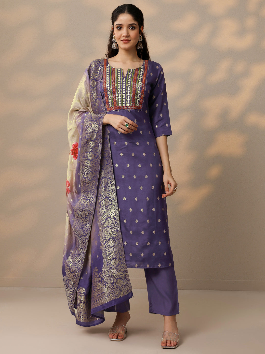 Purple Woven Design Silk Blend Straight Suit With Dupatta