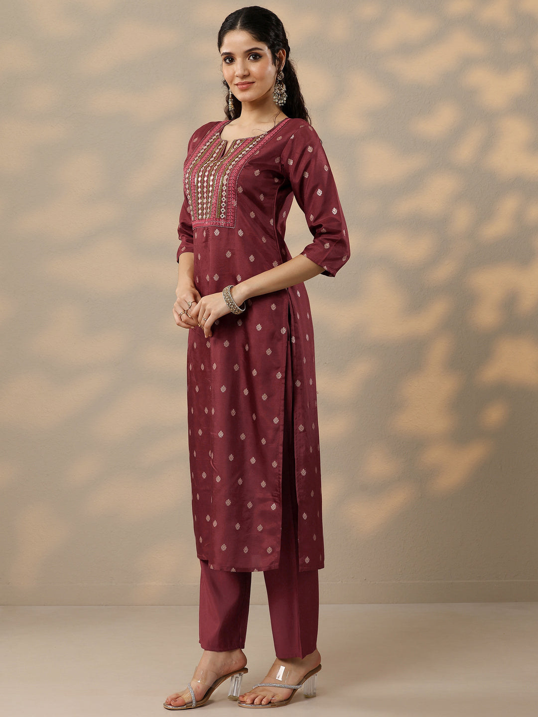  Brown Woven Design Silk Blend Straight Suit With Dupatta 