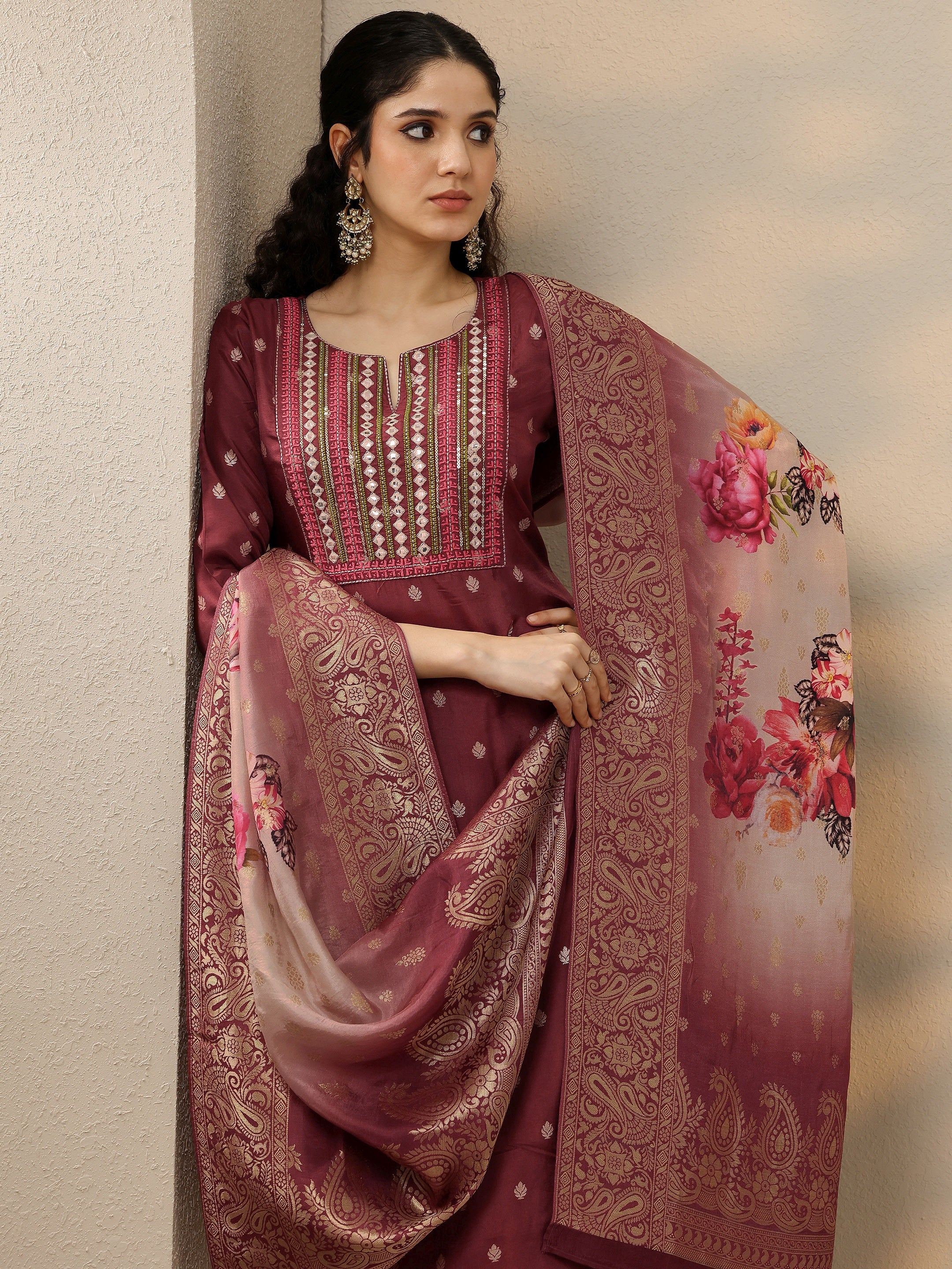 libas Brown Woven Design Silk Blend Straight Suit With Dupatta-picture-64