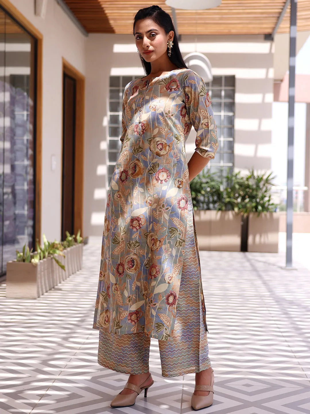  Grey Printed Silk Blend Straight Suit With Dupatta 