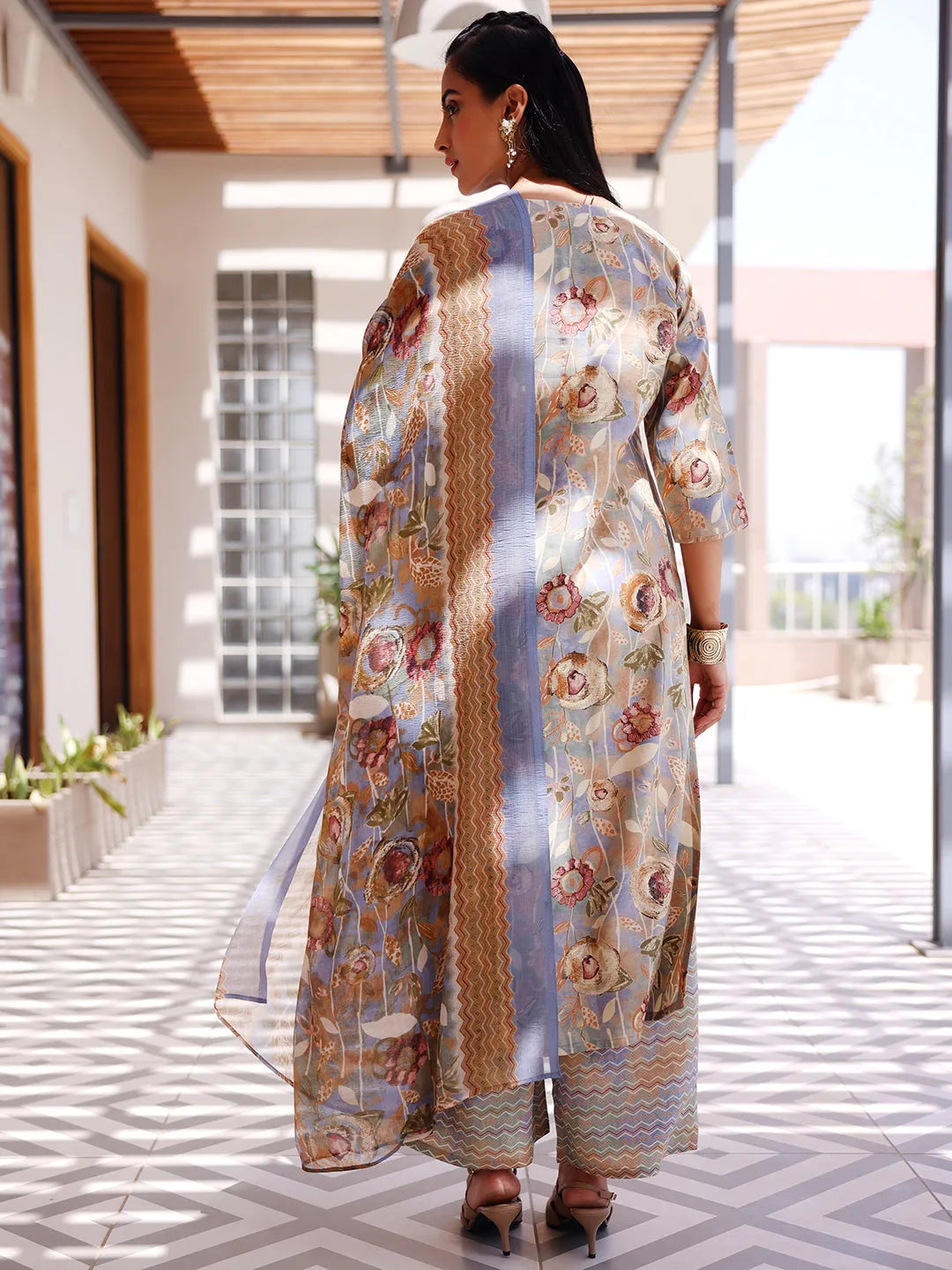  Grey Printed Silk Blend Straight Suit With Dupatta 