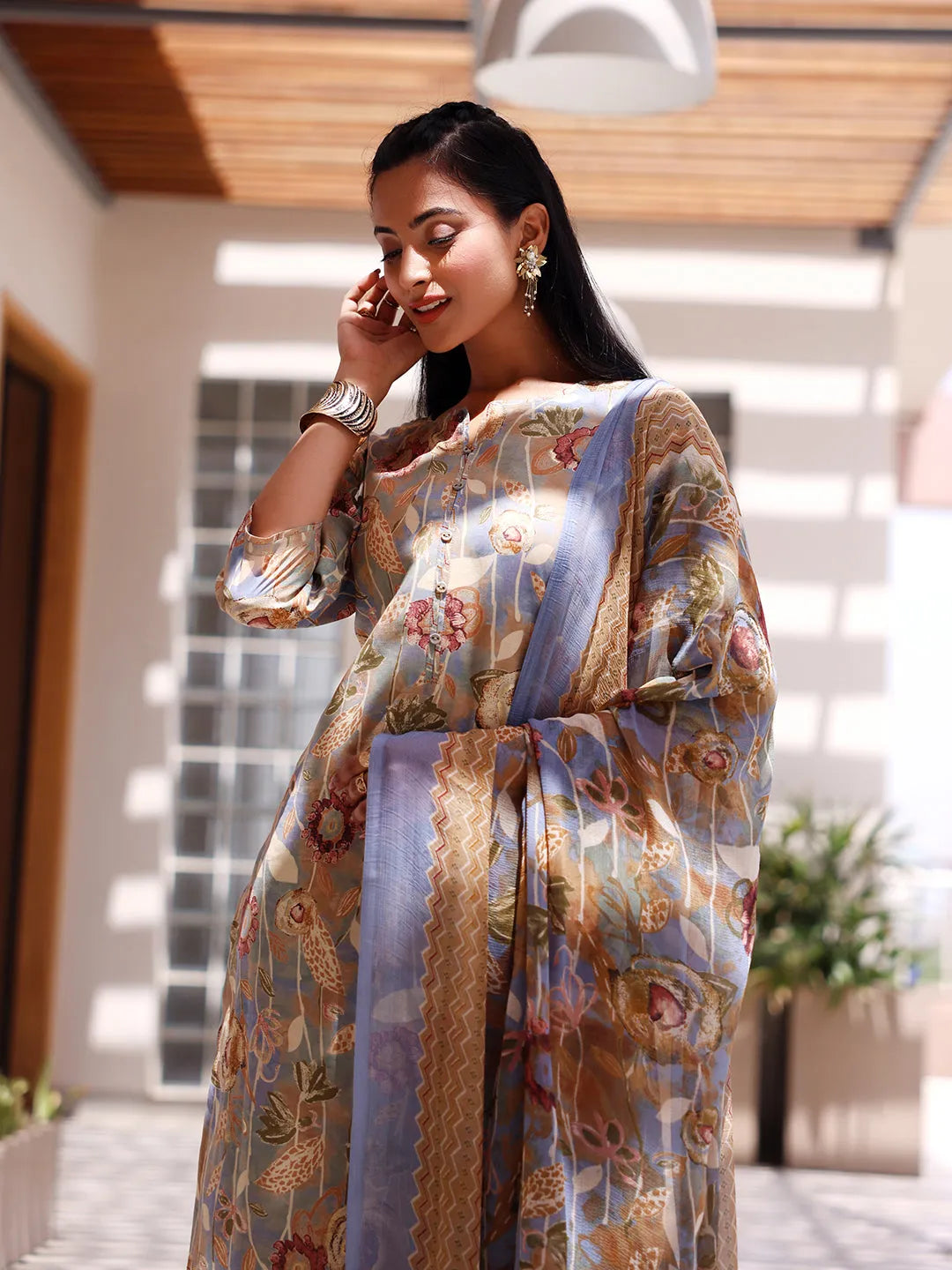  Grey Printed Silk Blend Straight Suit With Dupatta 