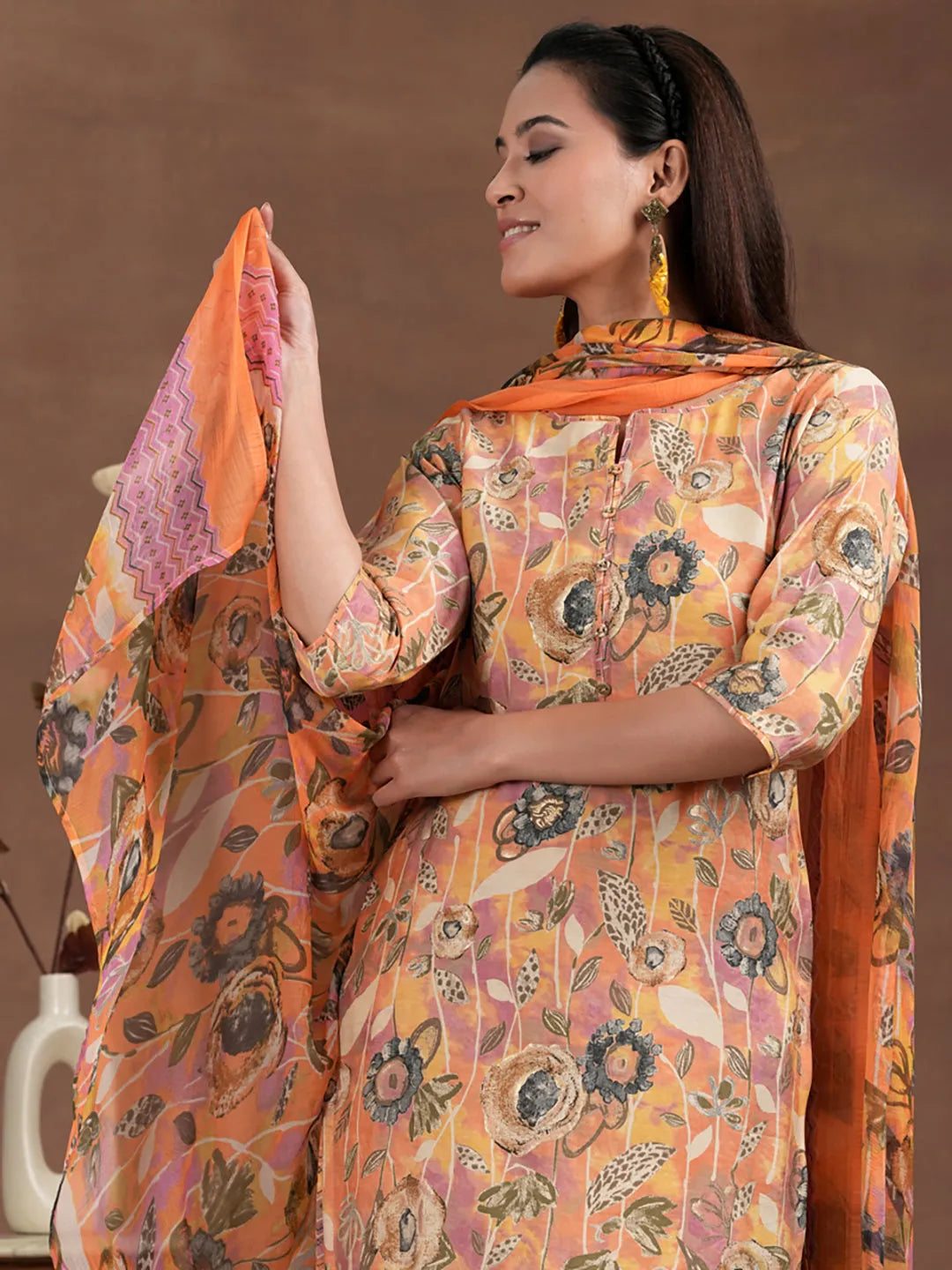  Orange Printed Silk Blend Straight Suit With Dupatta 
