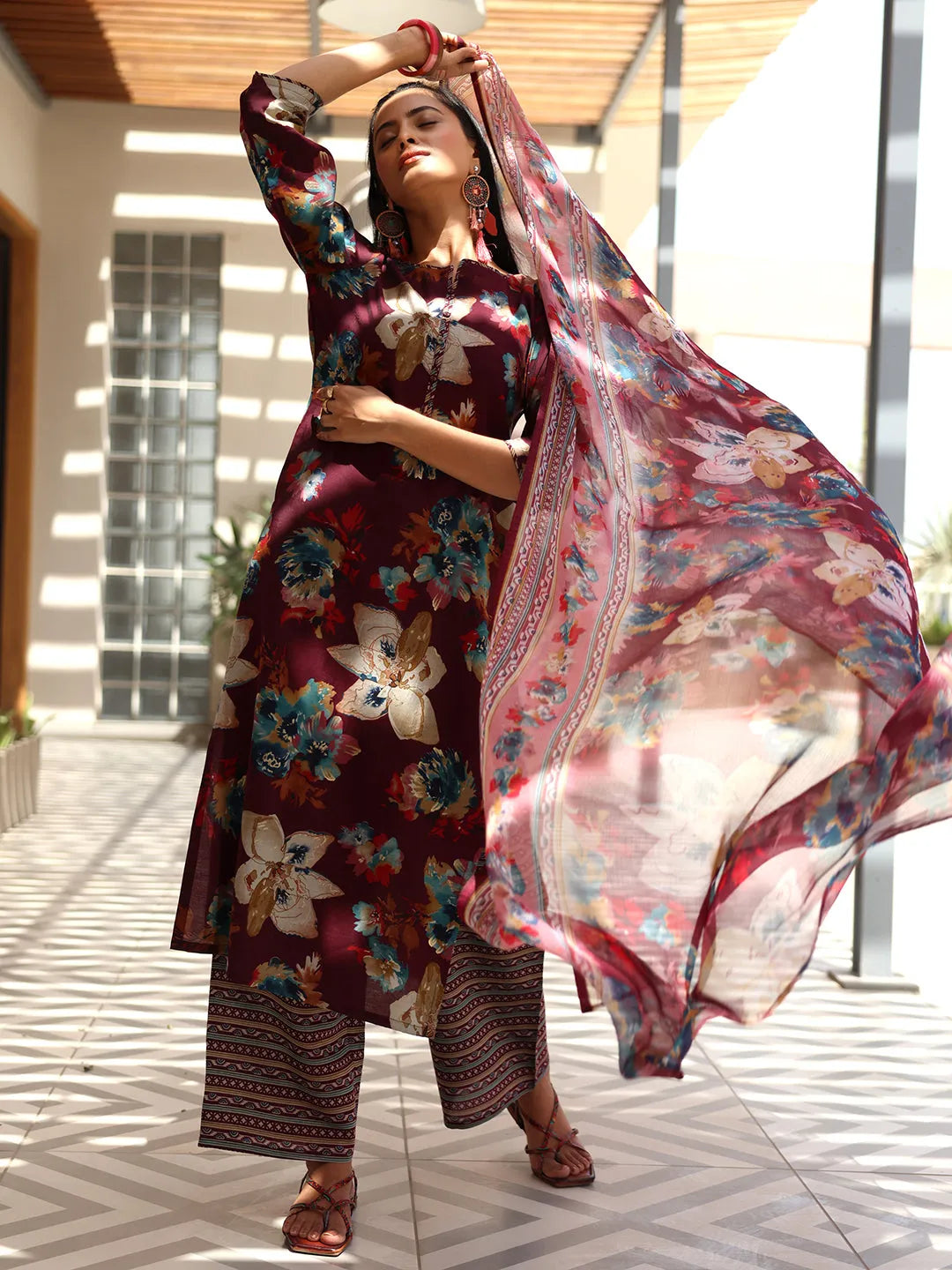 libas Wine Printed Silk Blend Straight Suit With Dupatta-picture-54