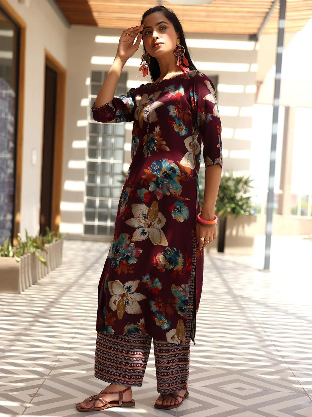  Wine Printed Silk Blend Straight Suit With Dupatta 