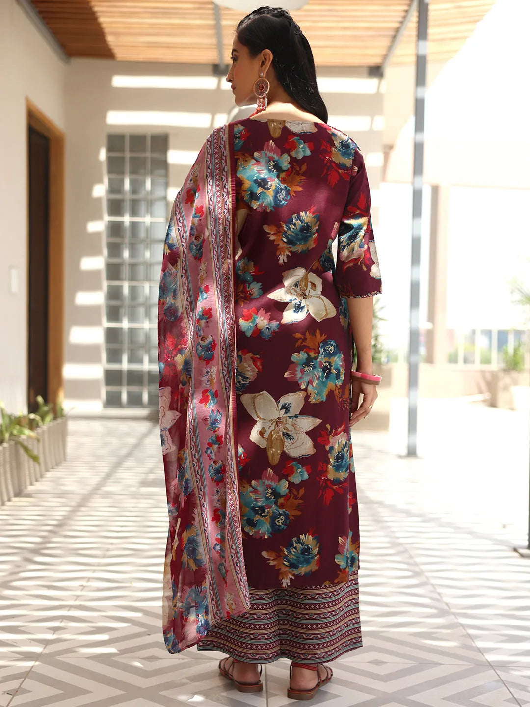  Wine Printed Silk Blend Straight Suit With Dupatta 