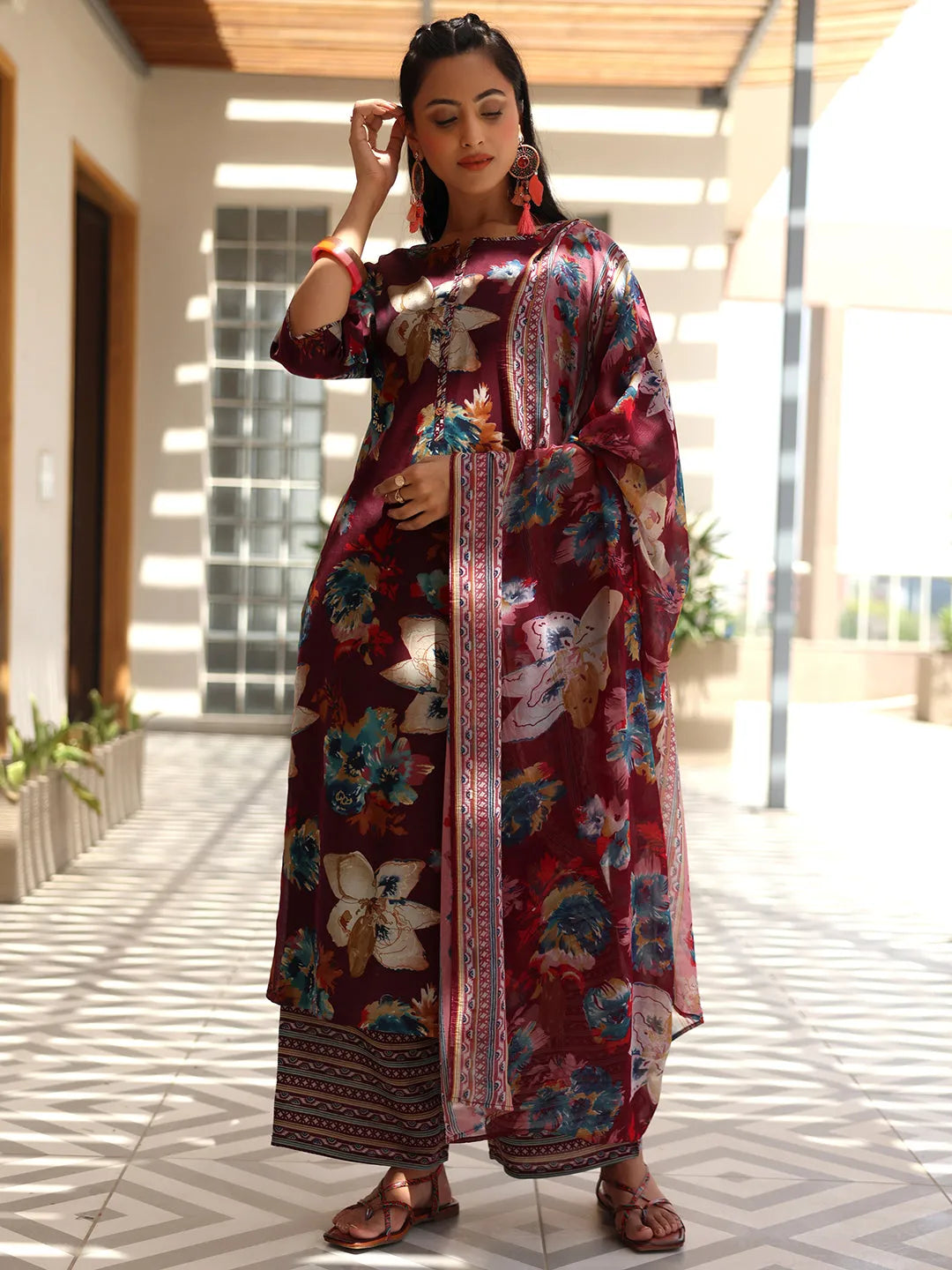  Wine Printed Silk Blend Straight Suit With Dupatta 