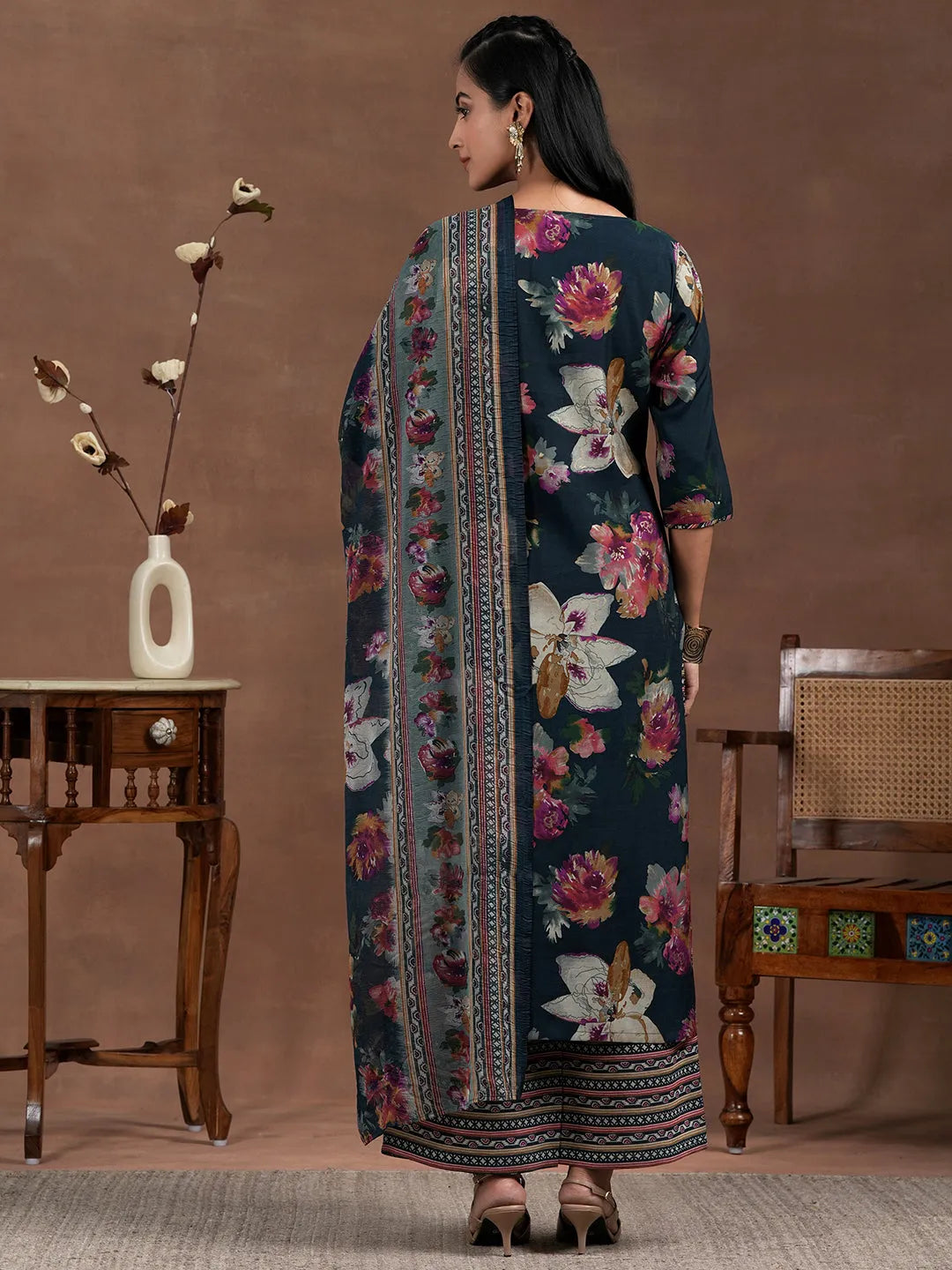  Blue Printed Silk Blend Straight Suit With Dupatta 