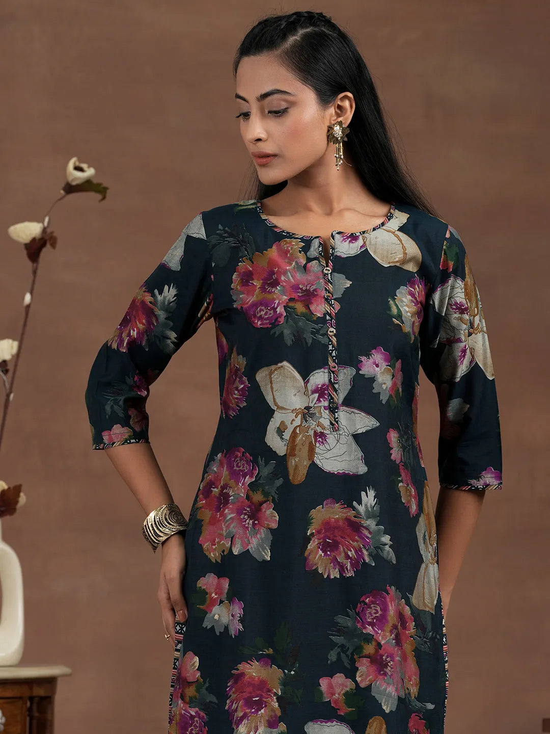  Blue Printed Silk Blend Straight Suit With Dupatta 