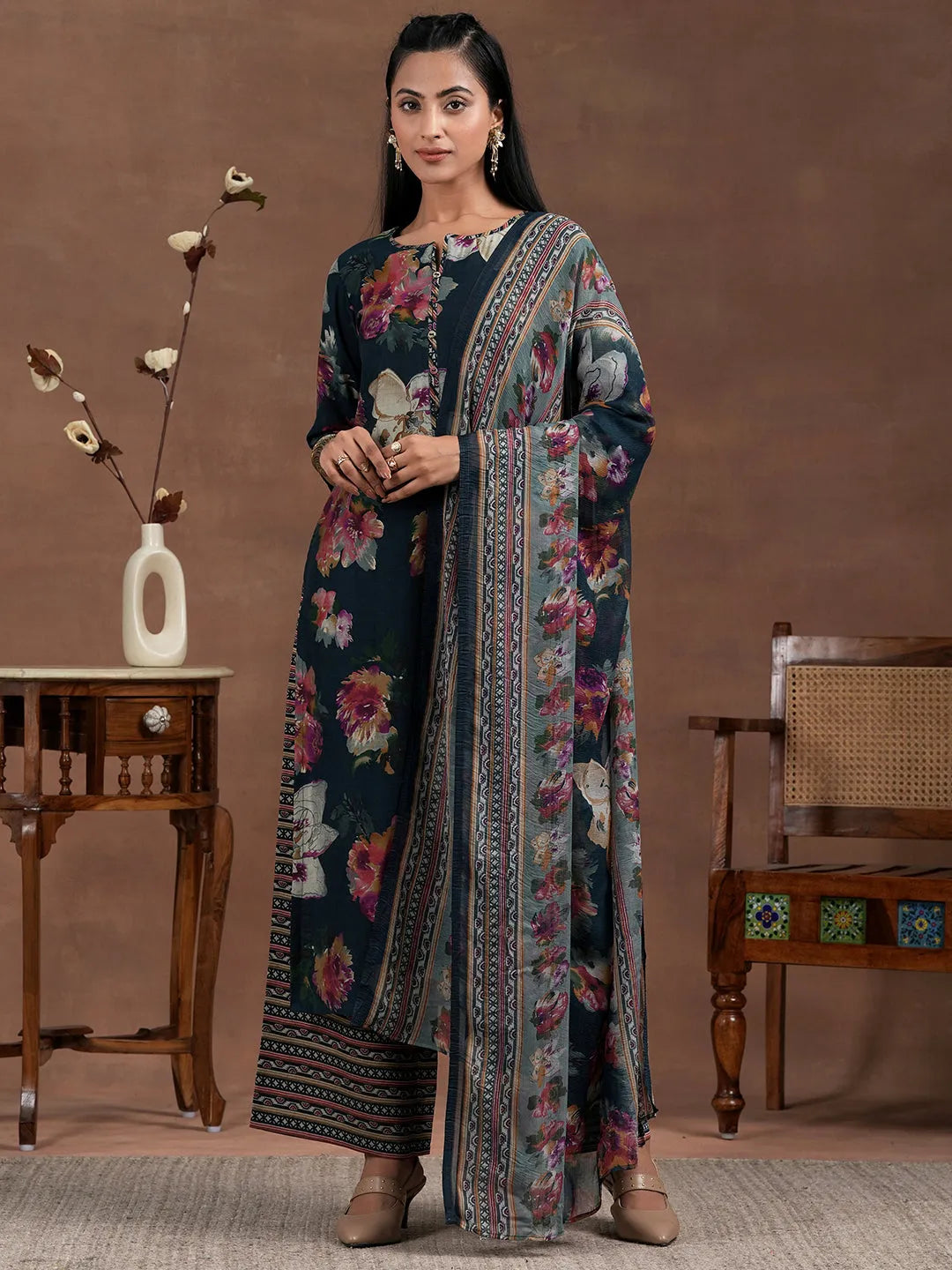  Blue Printed Silk Blend Straight Suit With Dupatta 