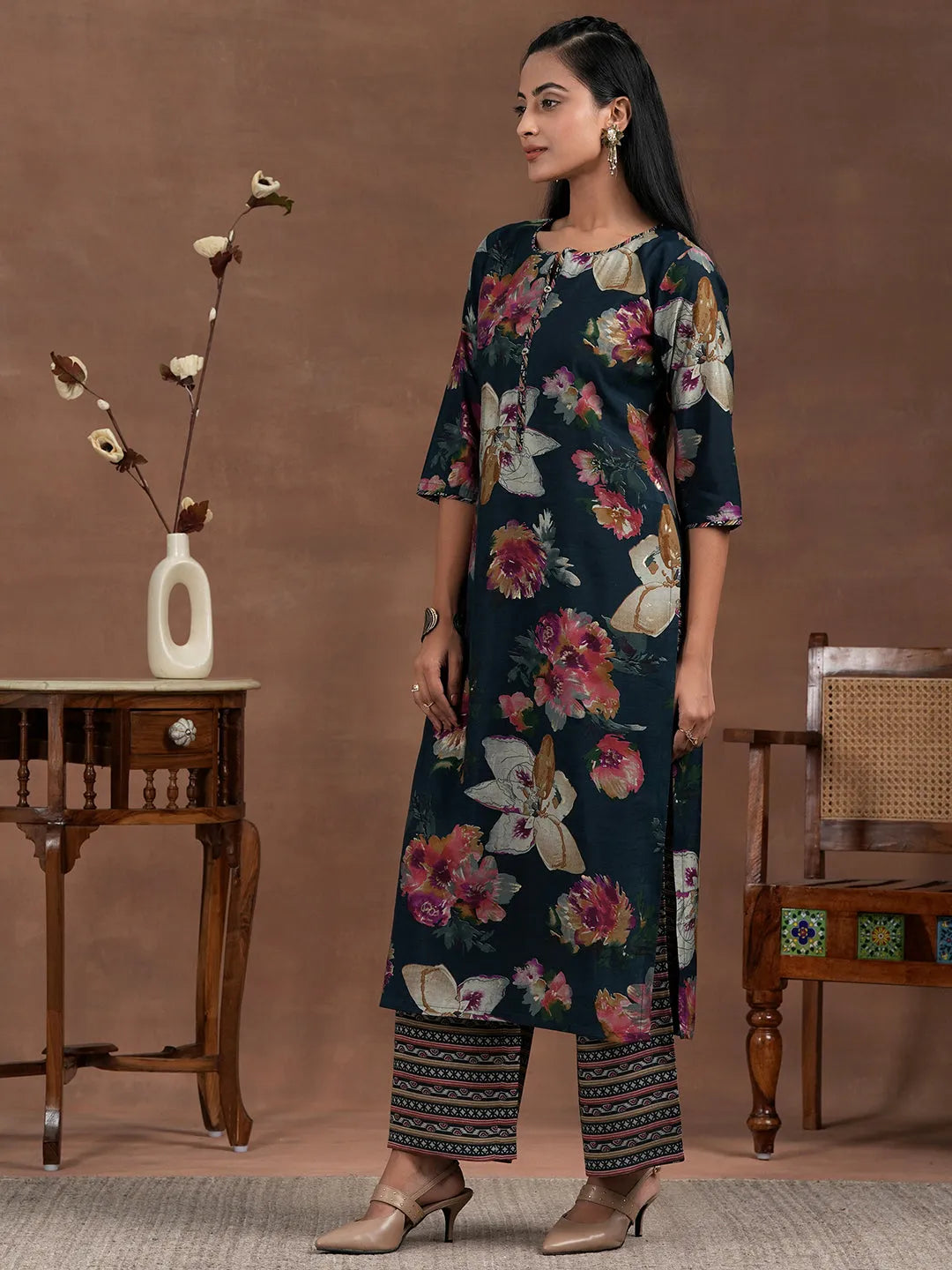  Blue Printed Silk Blend Straight Suit With Dupatta 