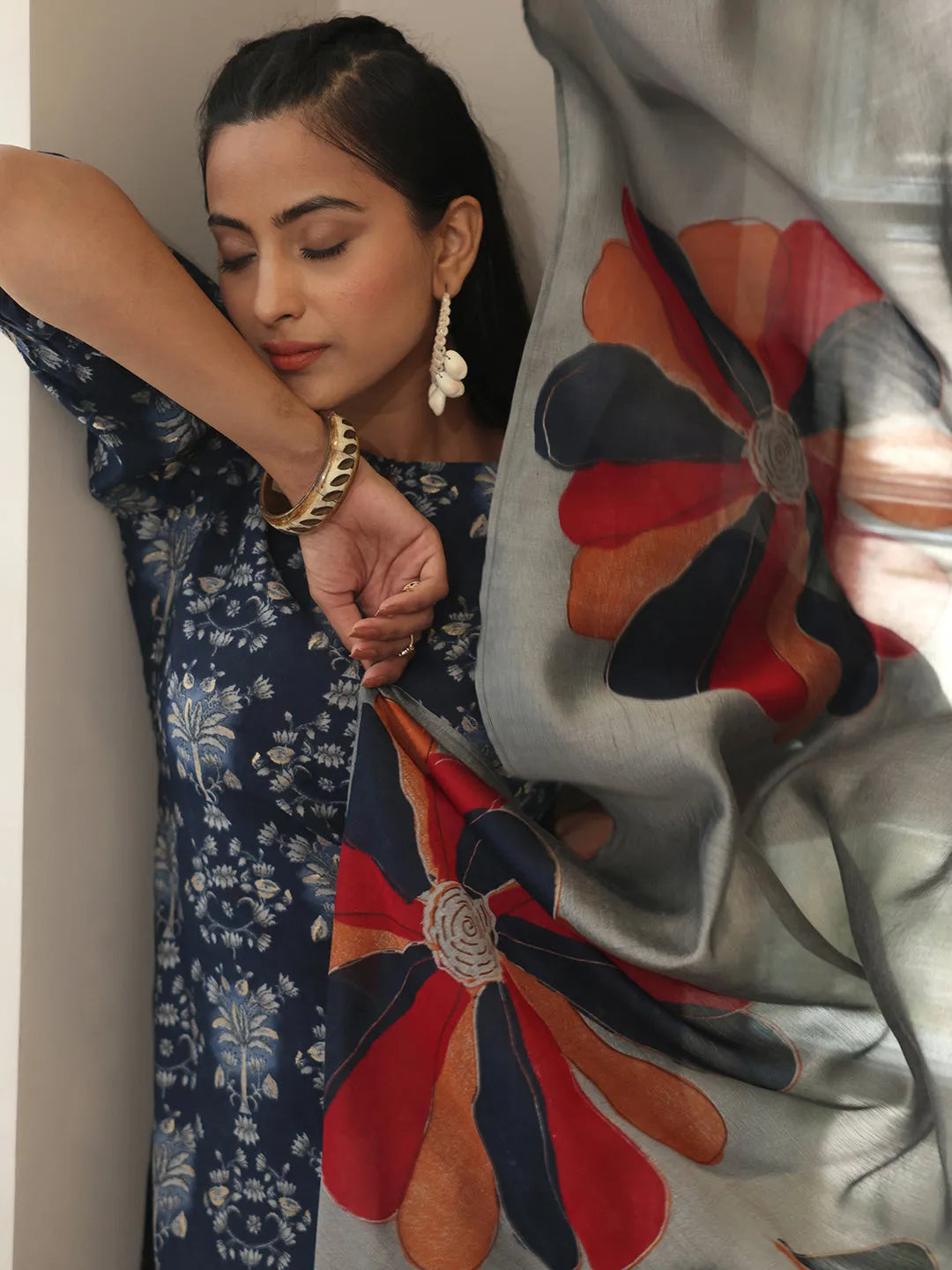  Blue Printed Silk Blend Straight Suit With Dupatta 