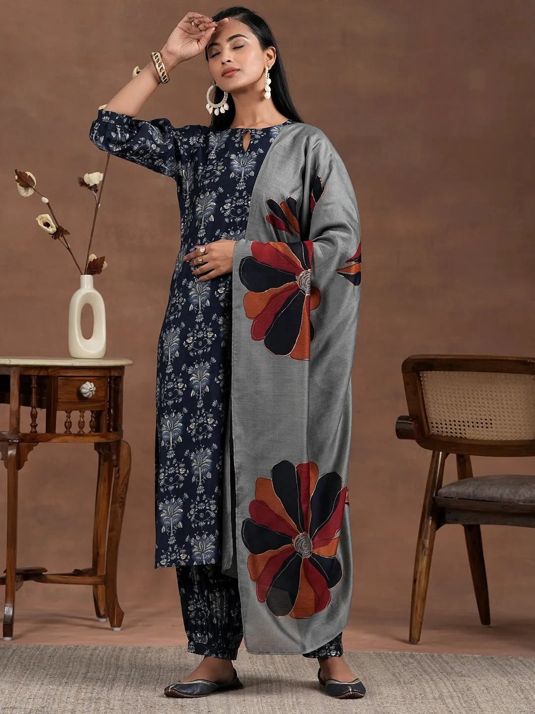  Blue Printed Silk Blend Straight Suit With Dupatta 