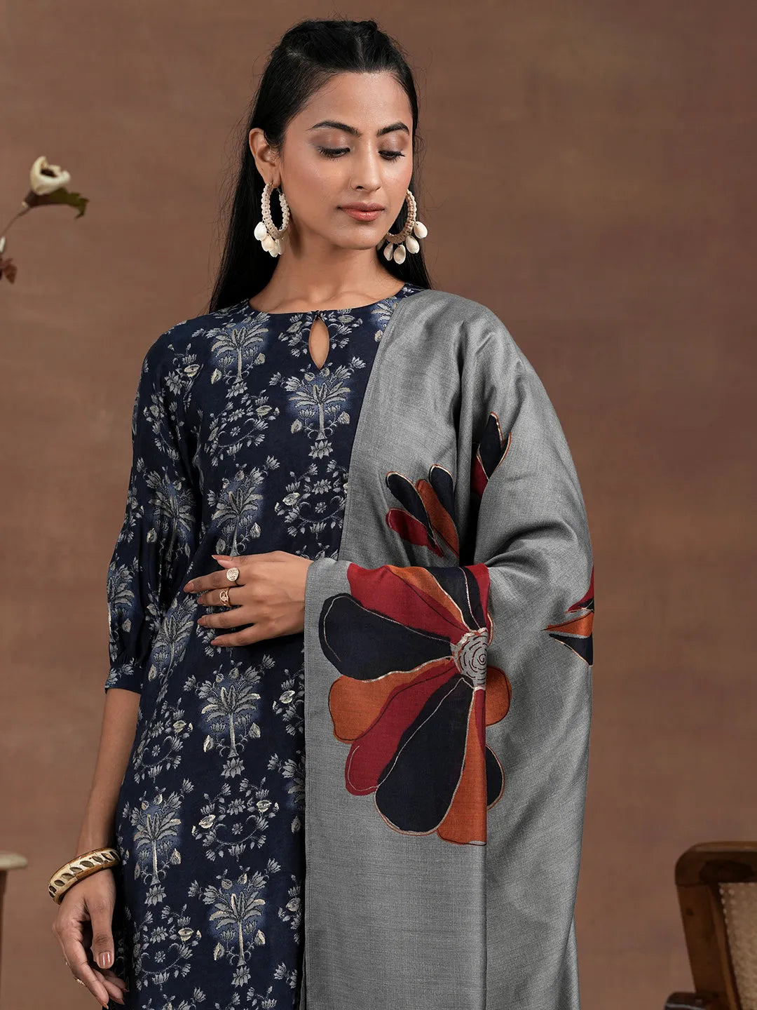  Blue Printed Silk Blend Straight Suit With Dupatta 