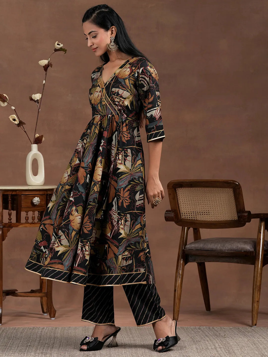 Black Printed Silk Blend Anarkali Suit With Dupatta 