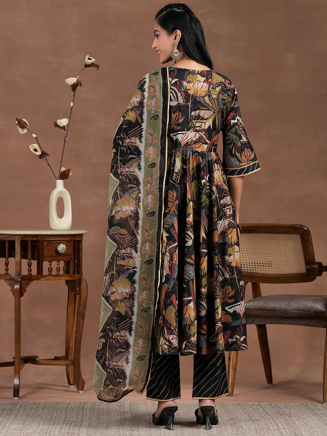  Black Printed Silk Blend Anarkali Suit With Dupatta 