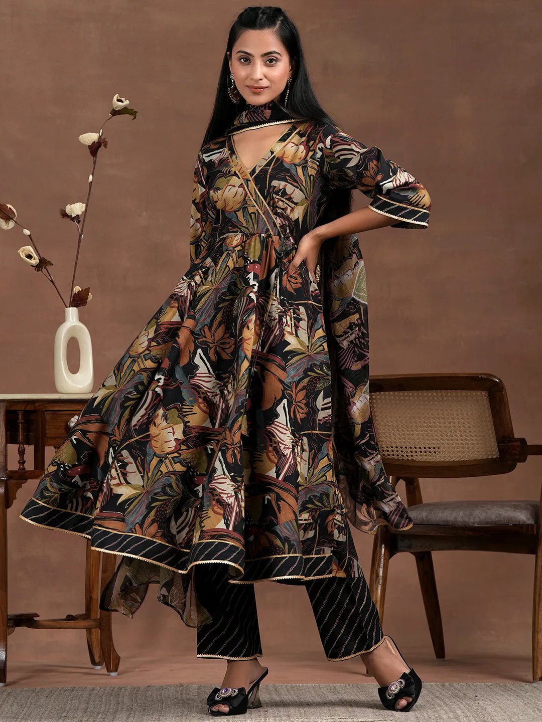  Black Printed Silk Blend Anarkali Suit With Dupatta 