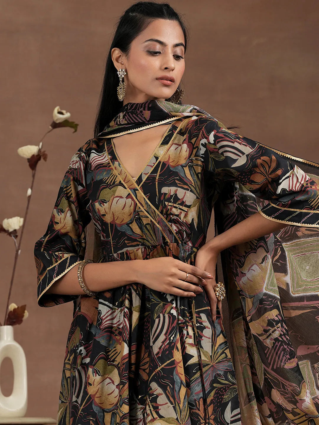  Black Printed Silk Blend Anarkali Suit With Dupatta 