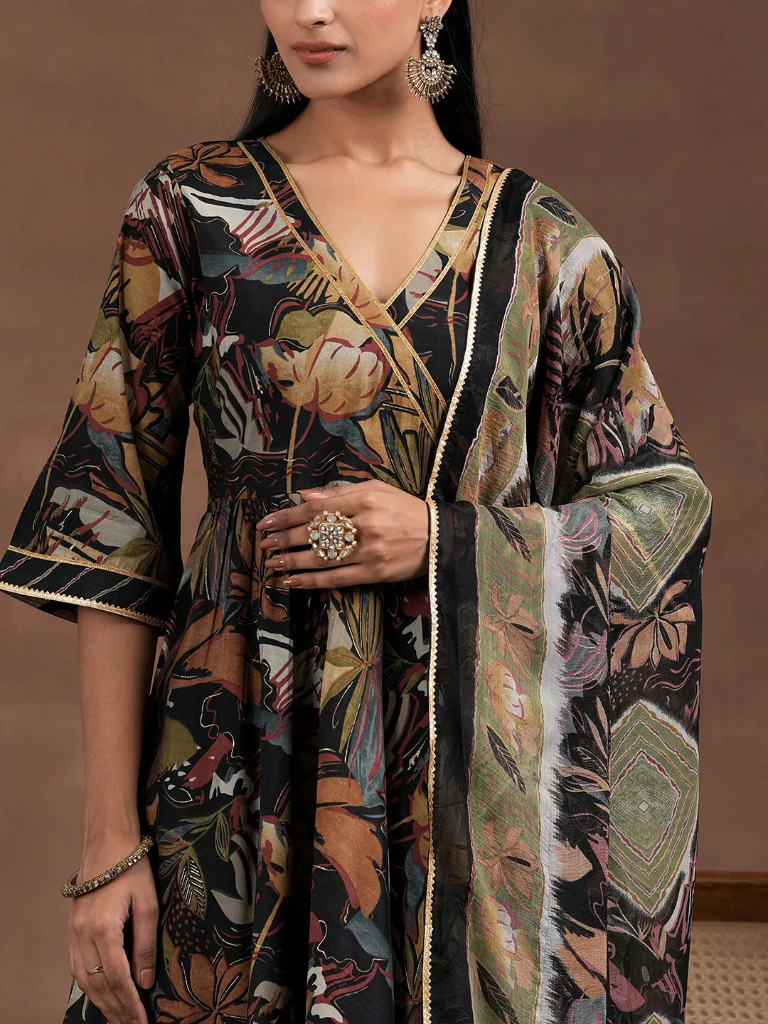  Black Printed Silk Blend Anarkali Suit With Dupatta 