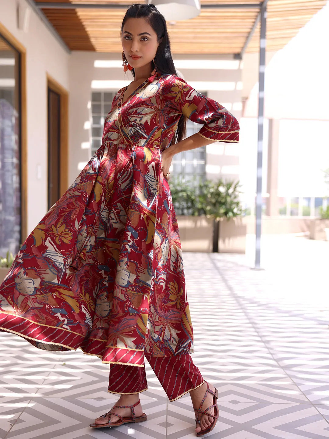  Maroon Printed Silk Blend Anarkali Suit With Dupatta 