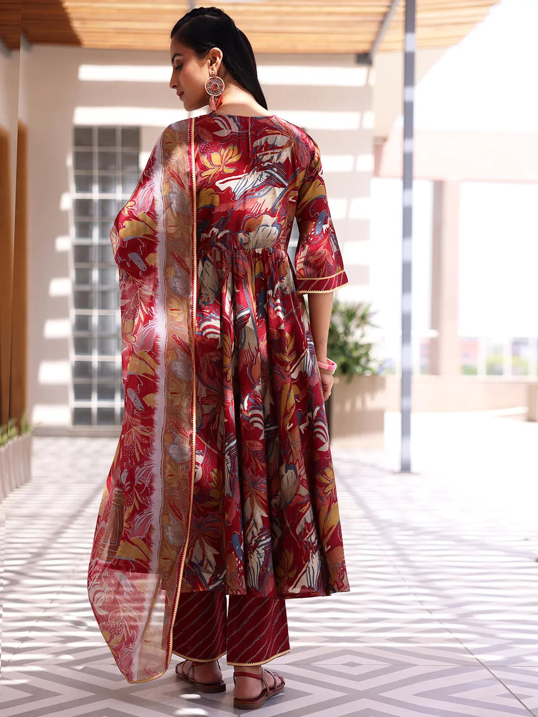  Maroon Printed Silk Blend Anarkali Suit With Dupatta 