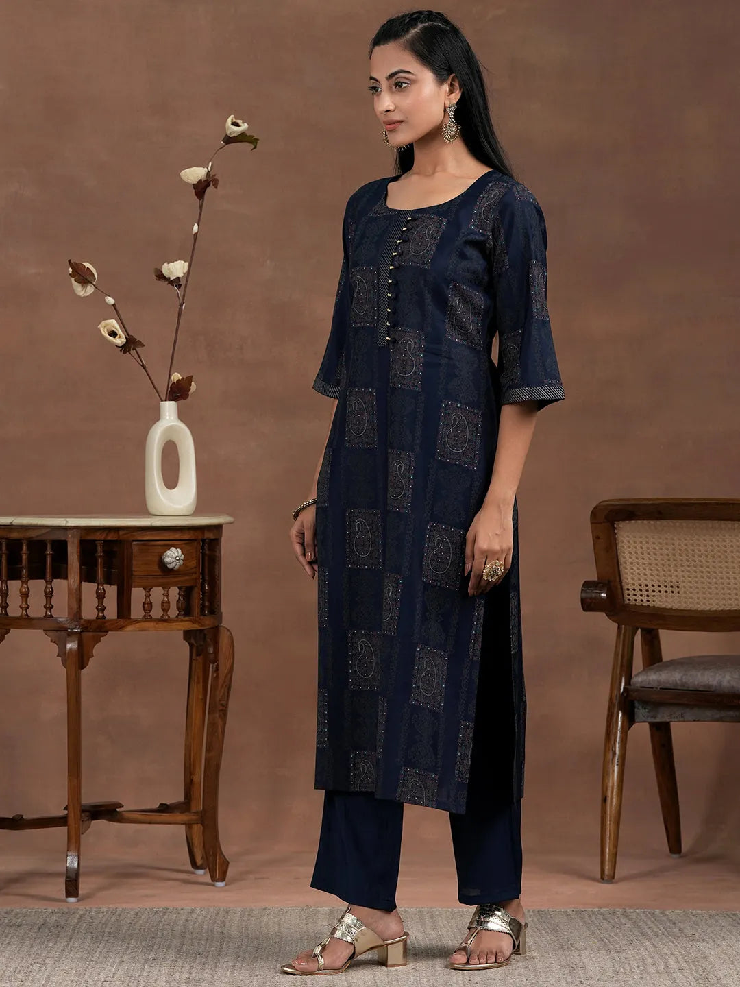  Blue Printed Silk Blend Straight Suit With Dupatta 
