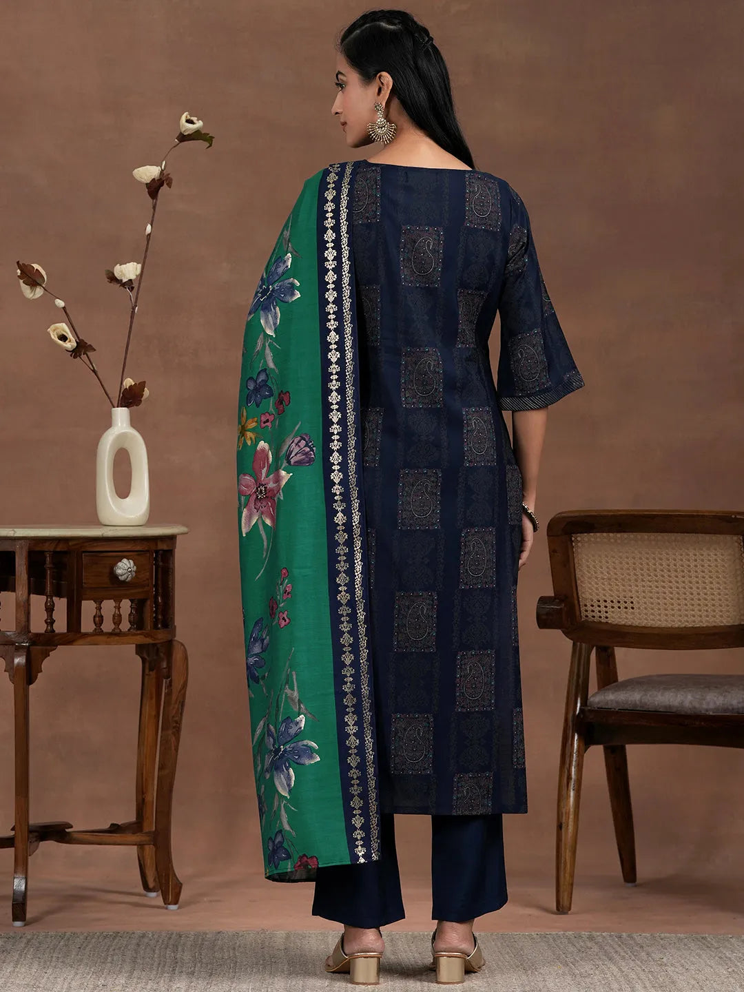 Blue Printed Silk Blend Straight Suit With Dupatta 